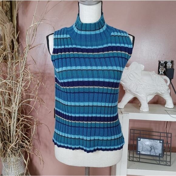 Eddie Bauer Size Small S Cotton Striped Stripes Blue Turtle Neck Sleeveless Ribb - Picture 1 of 11